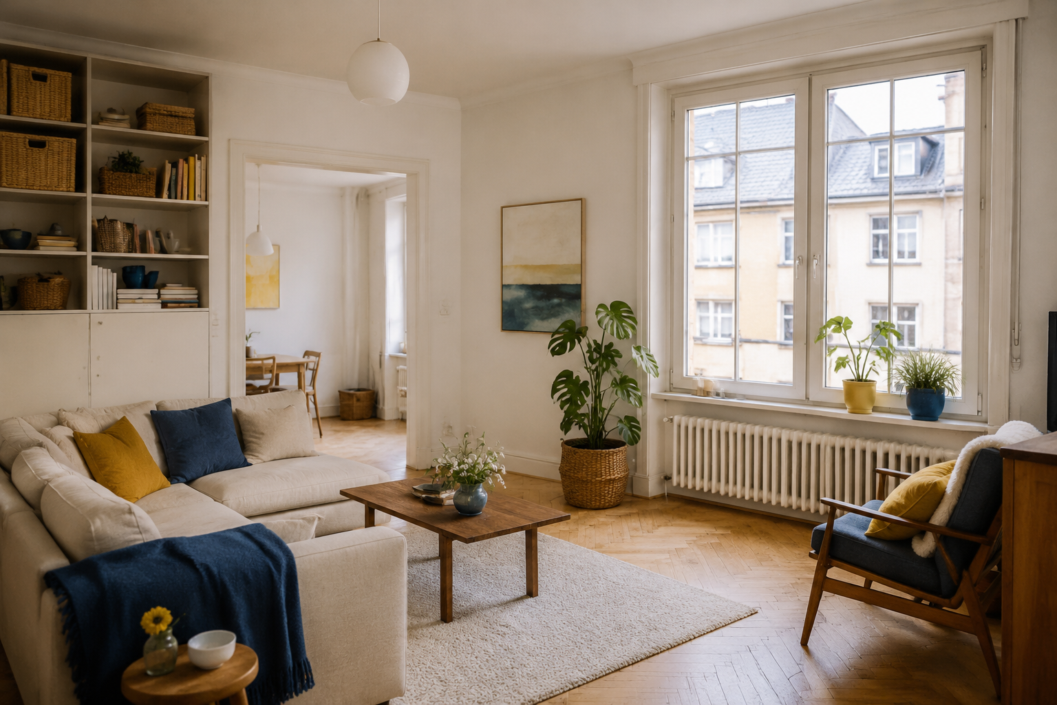 A warm and calmly organised living room with colourful accents